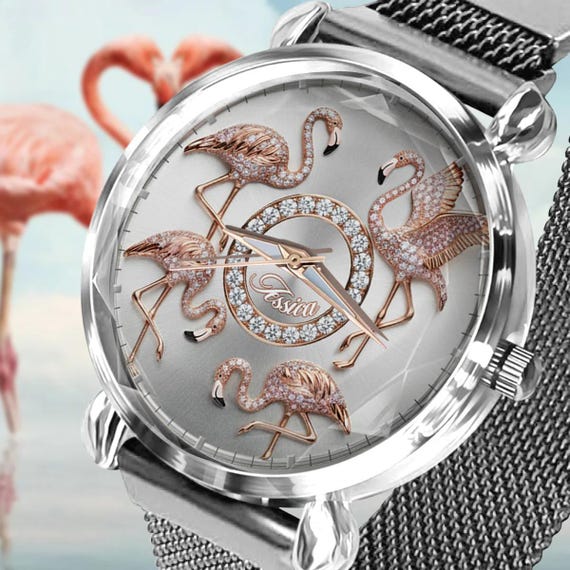 Personalized Flamingo Women Hand Watch, Tropical Bird Lover Metal Strap Wrist Watch, Adjustable Pink Flamingoes Hand Watch ipatuflm00049
