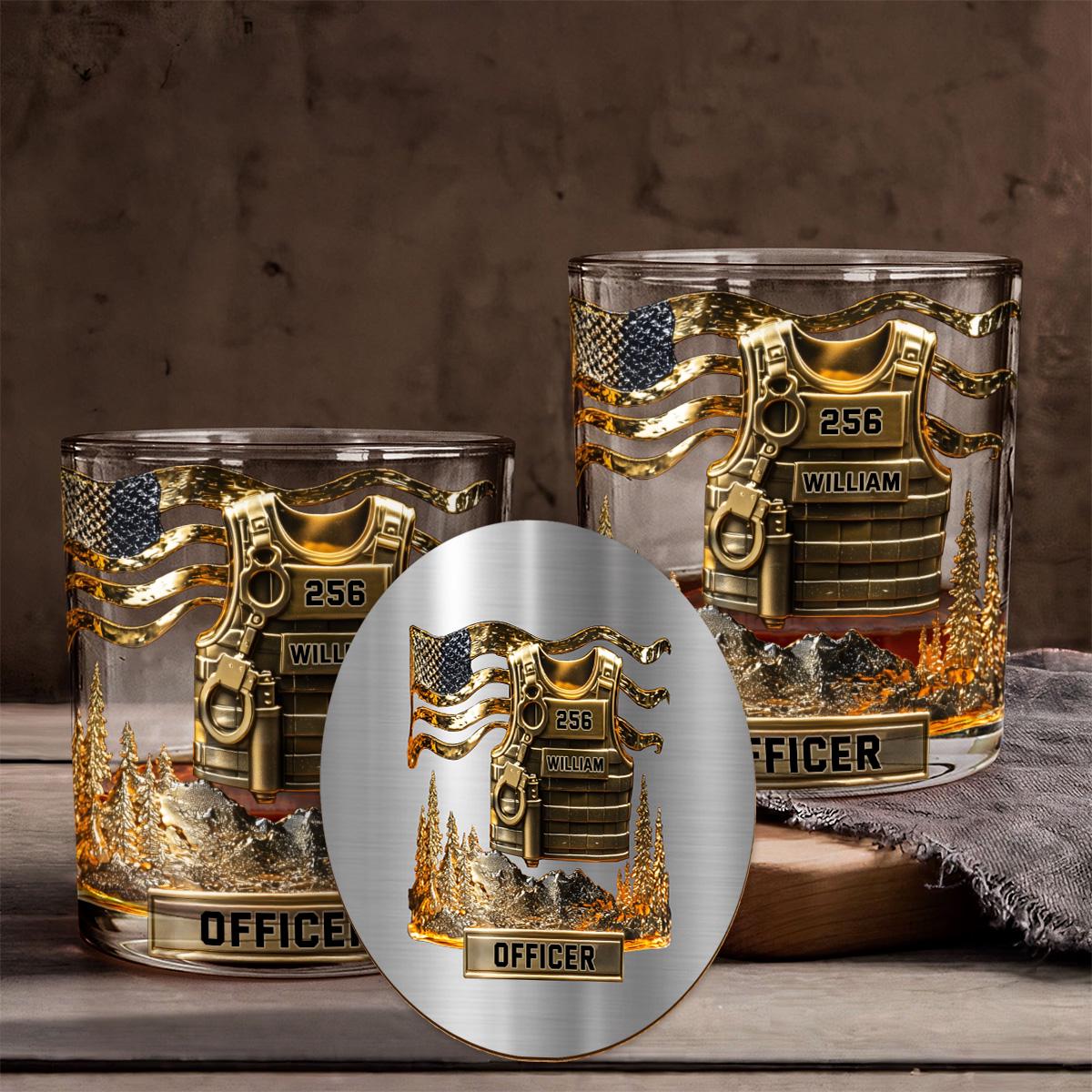 Police Officer Personalized 2D Whiskey Glass, America Flag Police Wine Glass for Whiskey Lover, Military Whiskey Decanter Set ipatuplc00022