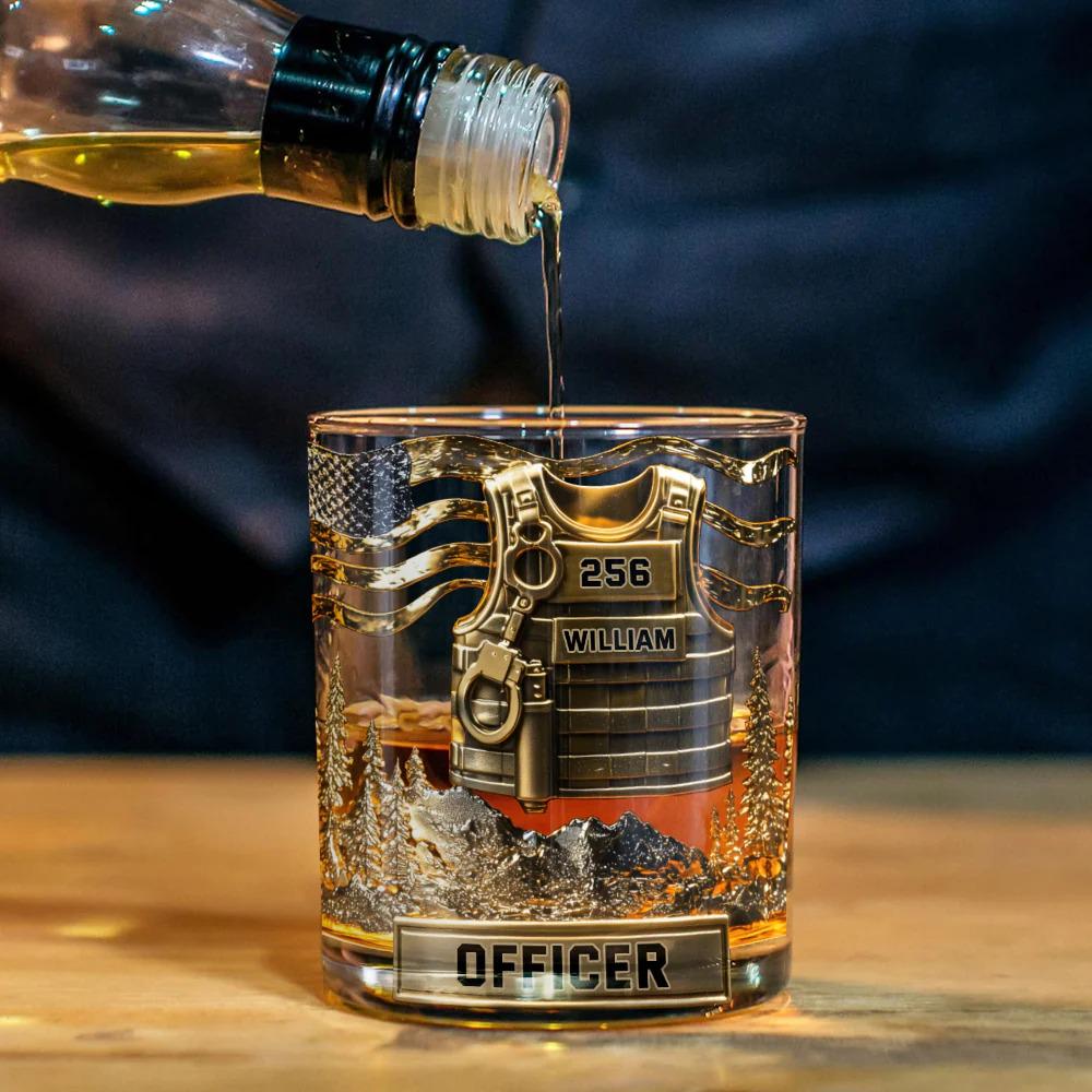 Police Officer Personalized 2D Whiskey Glass, America Flag Police Wine Glass for Whiskey Lover, Military Whiskey Decanter Set ipatuplc00022