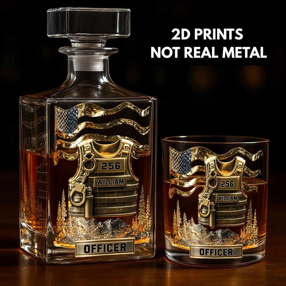 Police Officer Personalized 2D Whiskey Glass, America Flag Police Wine Glass for Whiskey Lover, Military Whiskey Decanter Set ipatuplc00022