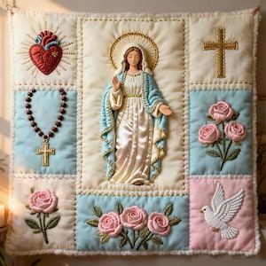 Puede incluir: Un tapiz de pared acolchado con imágenes religiosas. El panel central representa una figura con halo, rodeada de símbolos bordados, incluyendo un corazón, rosario, cruz, rosas y una paloma. La paleta de colores incluye crema, azul, rosa y dorado.