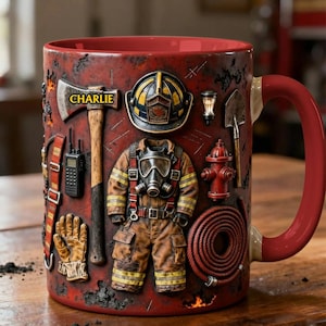 May include: Red ceramic mug featuring a firefighter theme. The mug showcases a firefighter's helmet, axe, uniform, and other equipment. The handle and interior rim are red, and the name "CHARLIE" is on the axe.