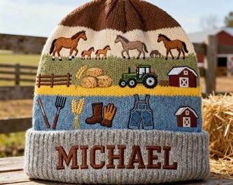 Personalized Farmer Knitted Beanie Hat, Horse Pig Cow Chicken Farming Lover Hat, Rustic Farmhouse Animal Winter Cap Gift ipatufam00009