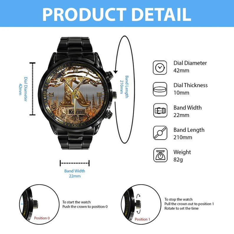 May include: Black wristwatch with a gold-colored dial featuring the letter "K" and the name "Kevin". The watch has a 42mm dial diameter, 22mm band width, and a 210mm band length. The watch weighs 82g.