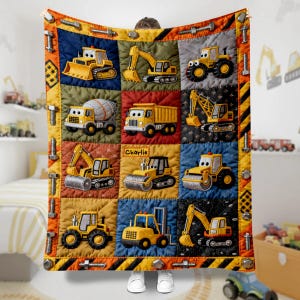Construction Machines Personalized Fleece Throw Blanket, Kid Vehicles Lover Blanket, Newborn Boy Blanket, Baby Shower Gift ipatukid00385