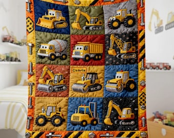 Construction Machines Personalized Fleece Throw Blanket, Kid Vehicles Lover Blanket, Newborn Boy Blanket, Baby Shower Gift ipatukid00385