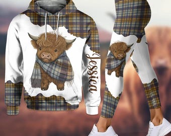 Tartan Highland Cow Personalized Hoodie Leggings Set, Plaid Farm Cow Hooded Sweatshirt for Farmer, Cow Lover Sport Leggings ipatuhlc00137
