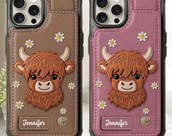 Highland Highland Cow Personalized Wallet Phone Case with Card Slots, Baby Farming Cow Leather Phone Cover, Cow Lover Gift ipatuhlc00126