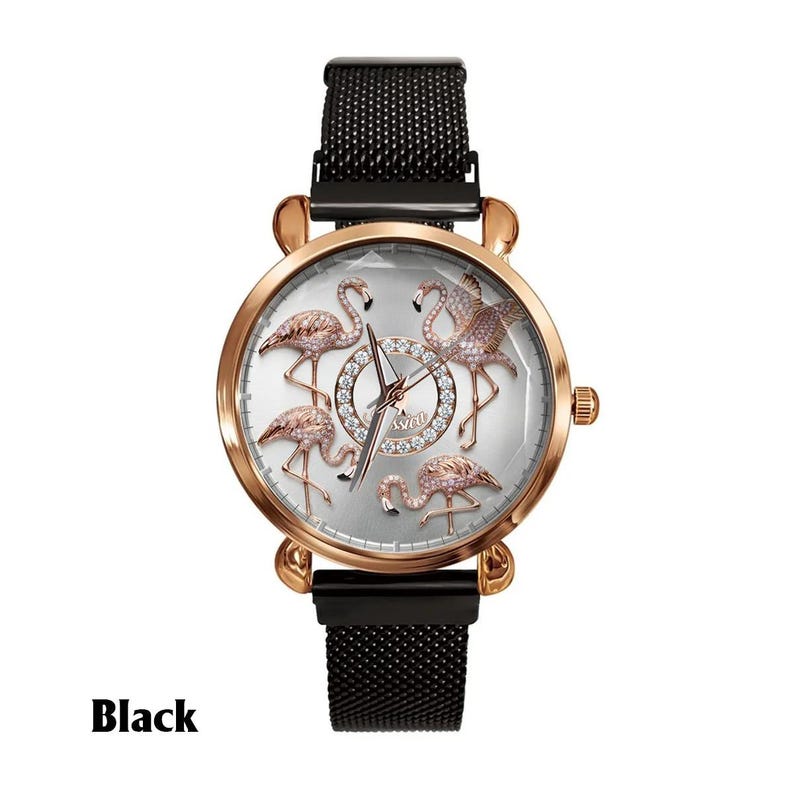 May include: A rose gold watch with a black mesh band. The watch face features five pink flamingo designs and a silver background. The word "Swat" is written in the center of the watch face. The word "Black" is written at the bottom of the image.