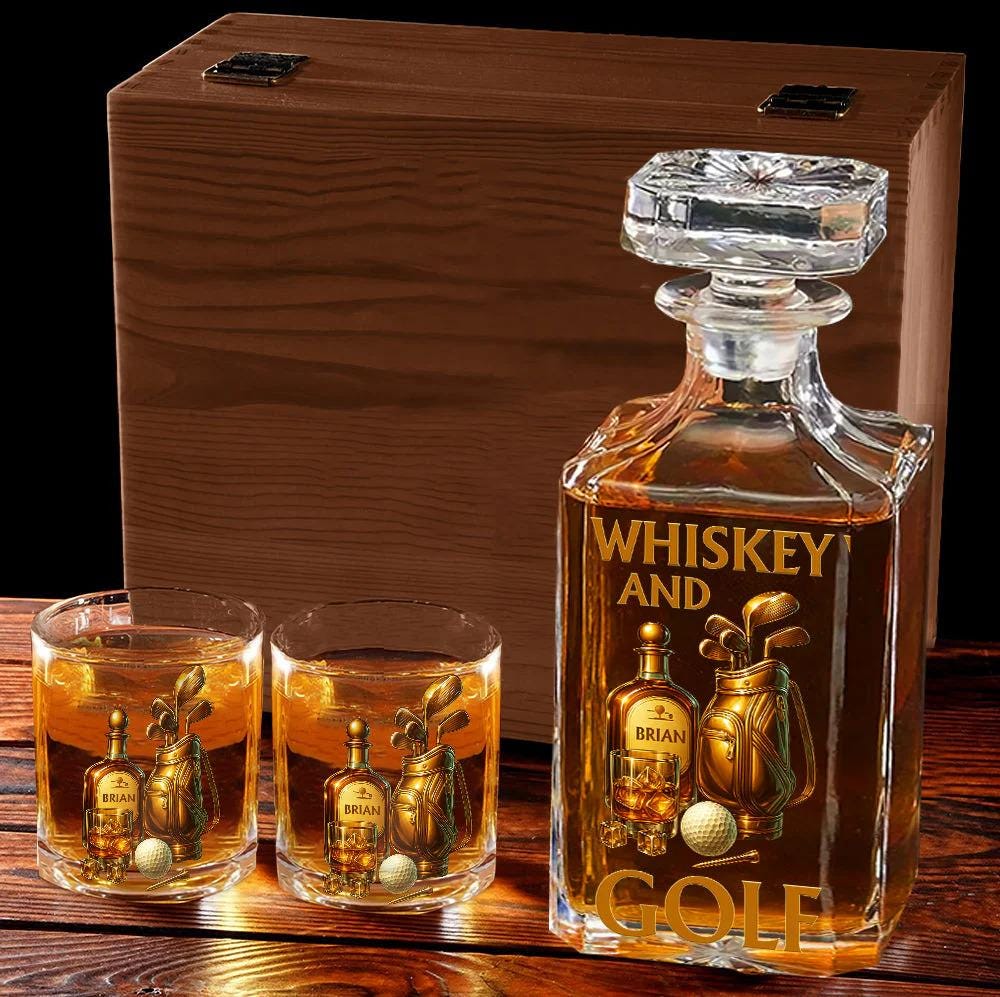 Whiskey and Golf Personalized Whiskey Glass, Playing Golf Drinking Wine Glass for Whiskey Lover, Decanter Set Gift for Golfer ipatugof00044