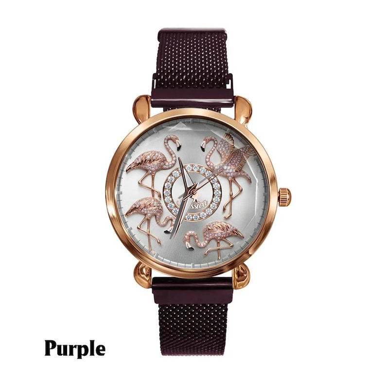 May include: A rose gold watch with a purple mesh band. The watch face features five bejeweled flamingo figures on a silver background. The word "Purple" is printed in black at the bottom of the image.