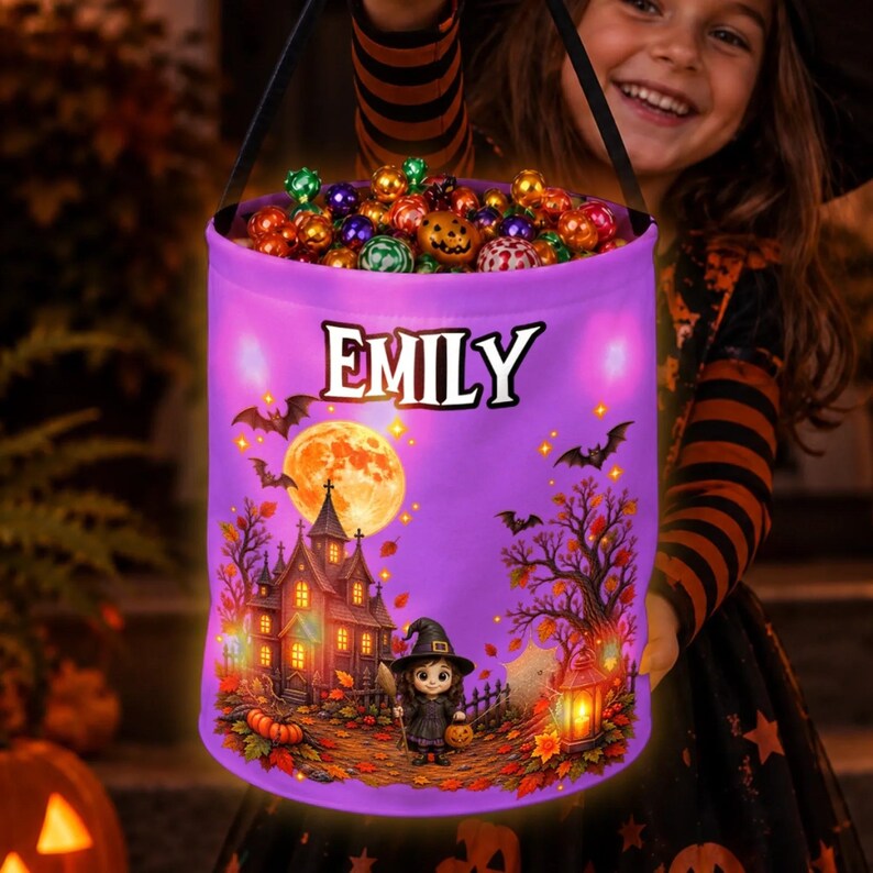 Custom Trick or Treat LED Light Bucket Bag, Personalized Halloween Kids ...