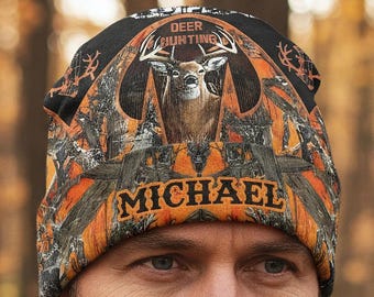 Camo Deer Hunter Personalized Knitted Beanie Hat, Blaze Orange Hunting Beanie for Kid Adult Unisex, Buck Hunting Gift for Dad ipatuhut00161