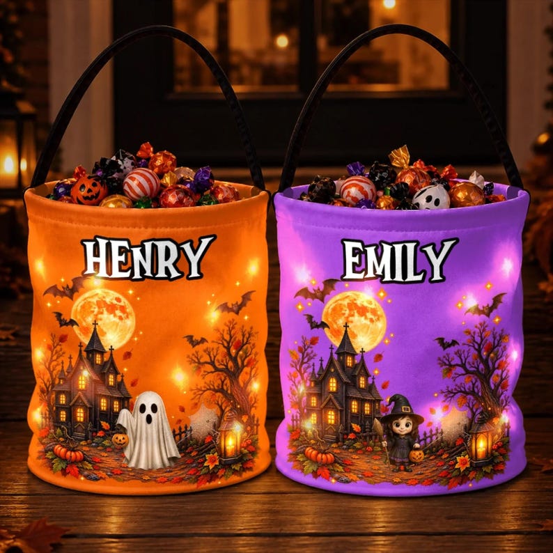 Custom Trick or Treat LED Light Bucket Bag, Personalized Halloween Kids ...
