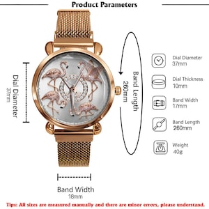 May include: A rose gold watch with a mesh band and a round face. The watch face features a flamingo design with crystal accents. The dial diameter is 37mm, band width is 18mm, and band length is 260mm.