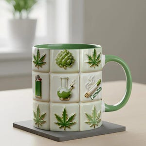 May include: A ceramic mug with a green handle and rim, featuring a repeating pattern of cannabis leaves, a lighter, a bong, and a lit cigarette with the name "Camila". The mug is on a gray coaster.