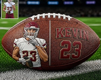 May include: A brown leather football featuring a white lace and a graphic illustration of a football player in a white jersey with the number 23. The ball displays the name KEVIN and the number 23 in large maroon lettering with a gold outline.