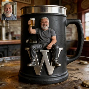 Puede incluir: Una jarra de cerveza negro mate con un borde plateado metálico y una gran letra W plateada en el frente. Una figura tridimensional de un hombre sonriente con barba gris está sentada sobre la letra W, sosteniendo un pequeño vaso de cerveza. El nombre William está impreso.