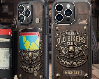 Gepersonaliseerde Old Biker Club PU-leren portemonnee telefoonhoesje met kaartsleuven, American Motorbike Lover-telefoonstandaard, cadeau voor papa ipatubik00091