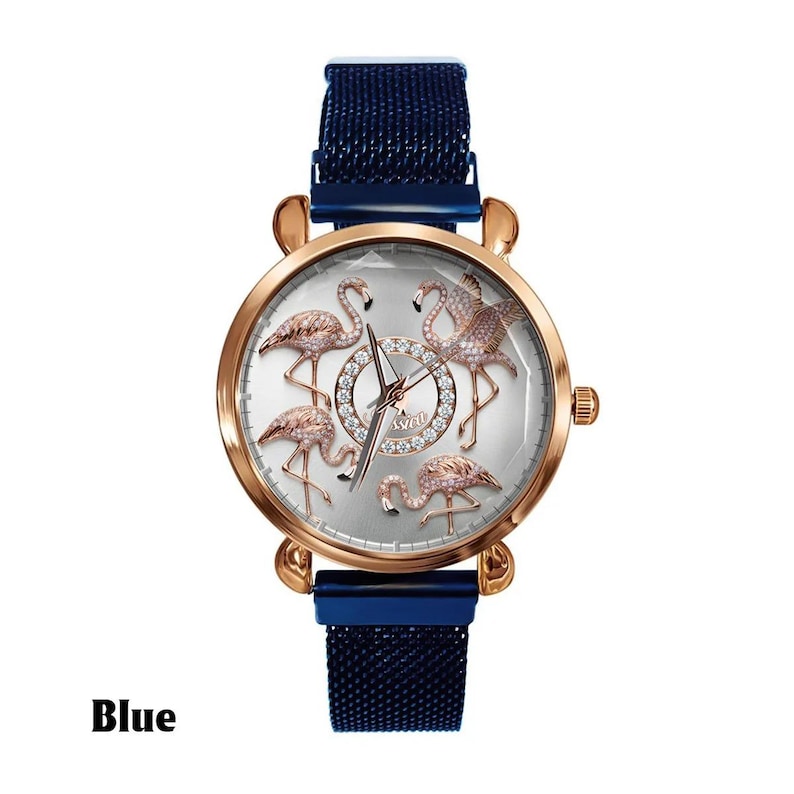 May include: A rose gold watch with a silver face featuring five flamingo designs. The watch has a blue mesh band and the word "Blue" is printed at the bottom. The watch face is surrounded by a rose gold bezel.