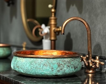 Oxidized Copper Bathroom Sink: Hammered Green Patina Washbasin