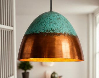 Lámpara colgante de cobre oxidado hecha a mano: pátina verde rústica