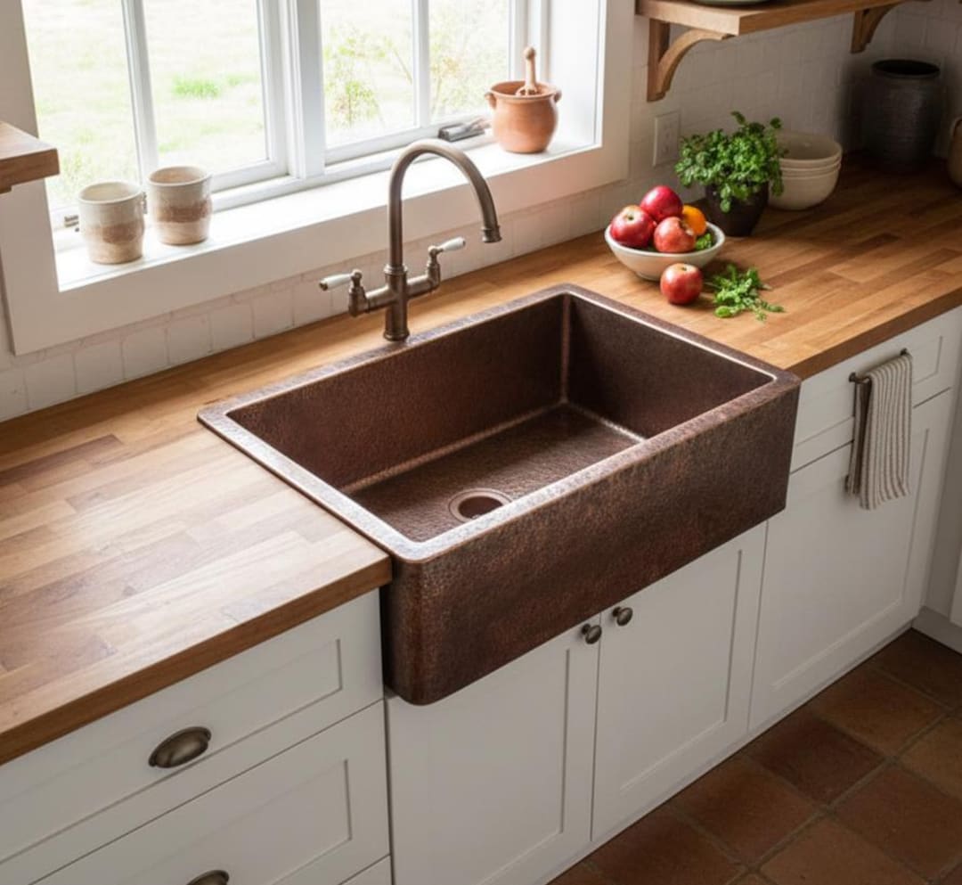 Handmade Copper Farmhouse Sink: Retro Patina Finish, Rustic Kitchen ...