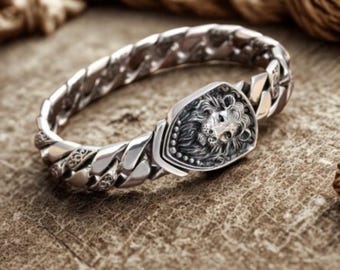 Sterling Silver Lion Head Cuban Bracelet | Punk Rock Biker Jewelry