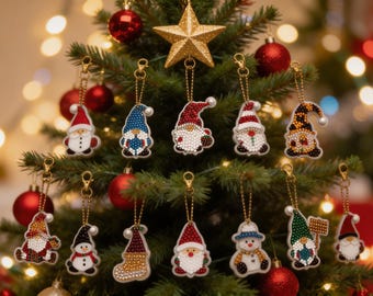 Handmade Diamond Art Christmas Ornament, Keychain, Santa Gnome Snowman Bag Charm, Stocking Stuffer Gift