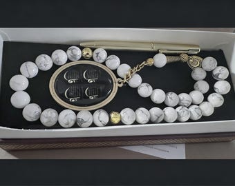 Natural Turquoise Tasbih Prayer Beads with Personalized Gold Pen Gift Set
