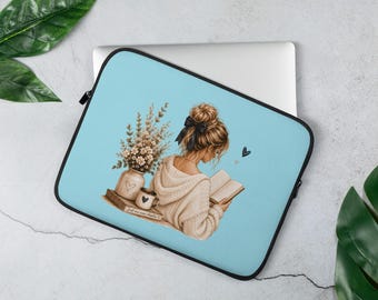 Cozy Reader Illustration Laptop Sleeve – Faux Fur Lined Neoprene Case