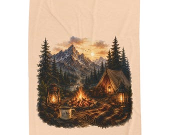 Cozy Camping Velveteen Plush Blanket, Mountain Campfire Tent Scene Décor