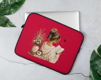 Cozy Reader Illustration Laptop Sleeve – Neoprene, Faux Fur Lined, Water Resistant