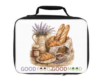 French Bakery Lunch Bag | Watercolor Baguette Croissant Illustration, Insulated Lunch Box