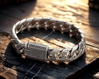 Sterling Silver Cuban Chain Bracelet | Retro Rectangle Charm, Good Luck Jewelry