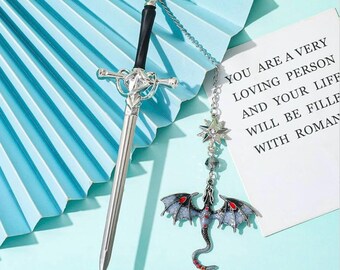Sward-Shaped Bookmark With Double Wings Dragon Charms. Book Lovers' Reading Accessories