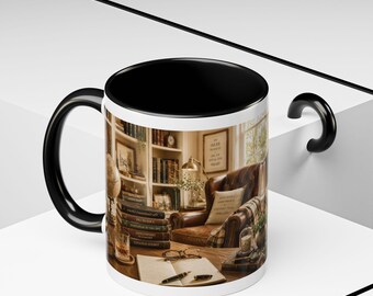 Cozy Library Scene Ceramic Mug | Book Lover, Teacher Gift, Reading Accent Cup