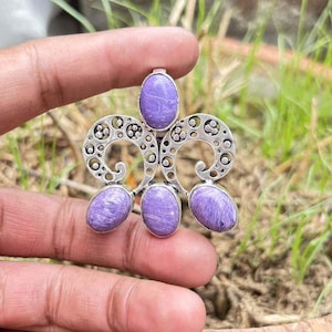Charoite Gemstone Pendant – 925 Silver-Plated Handmade Jewelry – Unique Boho Necklace Gift Idea&quot;  Silver Plated Healing Crystal Necklace