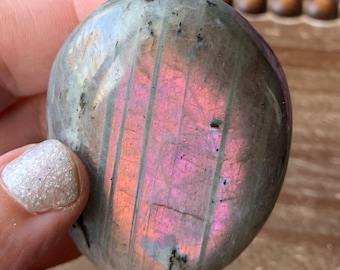 Rare Purple Labradorite Palm Stone Bright Purple Pink Orange Sunset Flash