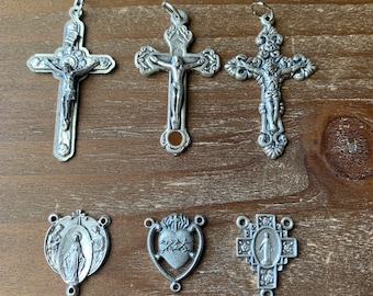 Italian Silver Tone Rosary Parts: Crucifix, Sacred Heart, Mary Centerpiece