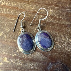 May include: A pair of silver-toned dangle earrings. Each earring features an oval-shaped, deep purple stone set within a silver frame. The earrings have a simple hook design for pierced ears, showcasing a classic jewelry style.