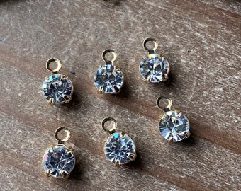 Swarovski Rhinestone Charms Clear Crystal 6mm Round lot of 6 Pieces Gold Plated