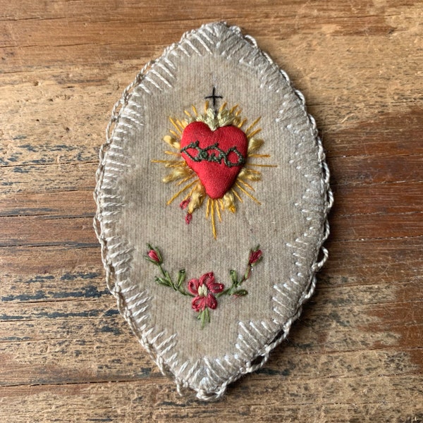 Antique Handmade Sacred Heart Needlework Patch Catholic Sacred Heart of Jesus