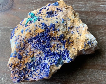 Azurite Druzy with Chatoyant Fibrous Malachite on matrix from Morocco
