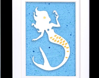 Hand Painted Paper with White and Gold Mermaid Paper Cut Framed and Ready for Gifting