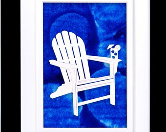 Adironack Wall Art | Beach Chair Art on Hand Painted Paper | Beach House Decor