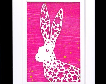 Framed Hare with Flowers Paper Cut on Hand Painted Paper | Rabbit Lover Gift | Rabbit Wall Art
