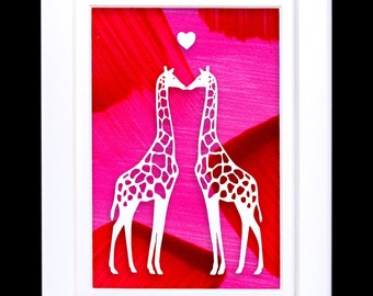 Giraffe Wall Art | Giraffe Kiss Paper Cut on Hand Painted Paper | Romantic Wedding Gift | Paper Anniversary Gift