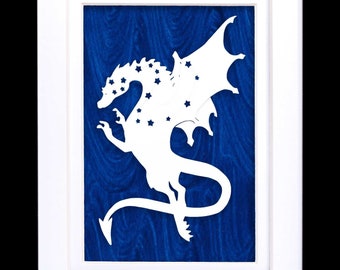 Dragon Constellation Art | Draco Paper Cut on Hand Painted Paper | Space Lovers Gift