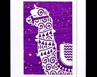 Framed Llama Decor | Hand Painted Paper with Llama Paper Cut | Llama Wall Art